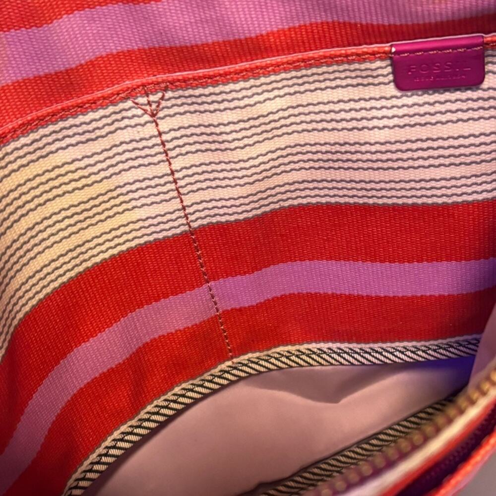 Fossil Key-Per Striped Canvas Crossbody Bag Pink Red Horizon Stripe Gold Snap - Picture 6 of 9